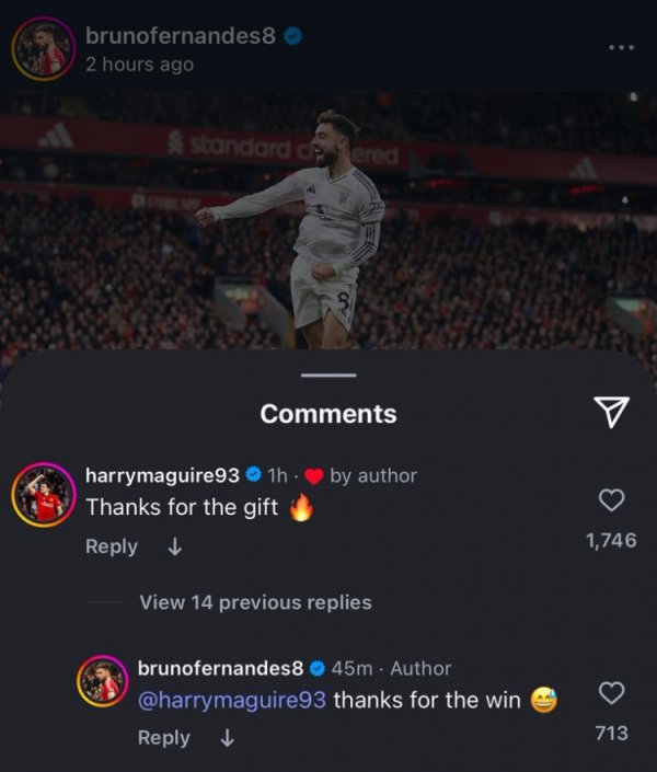 马奎尔社媒感谢B费助功  ，B费：谢谢你为我们赢得获胜