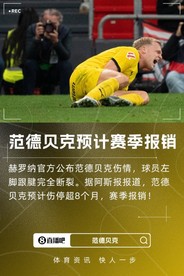 赛季报销！官方：范德贝克跟腱完全断裂，西媒预计将伤停超8个月